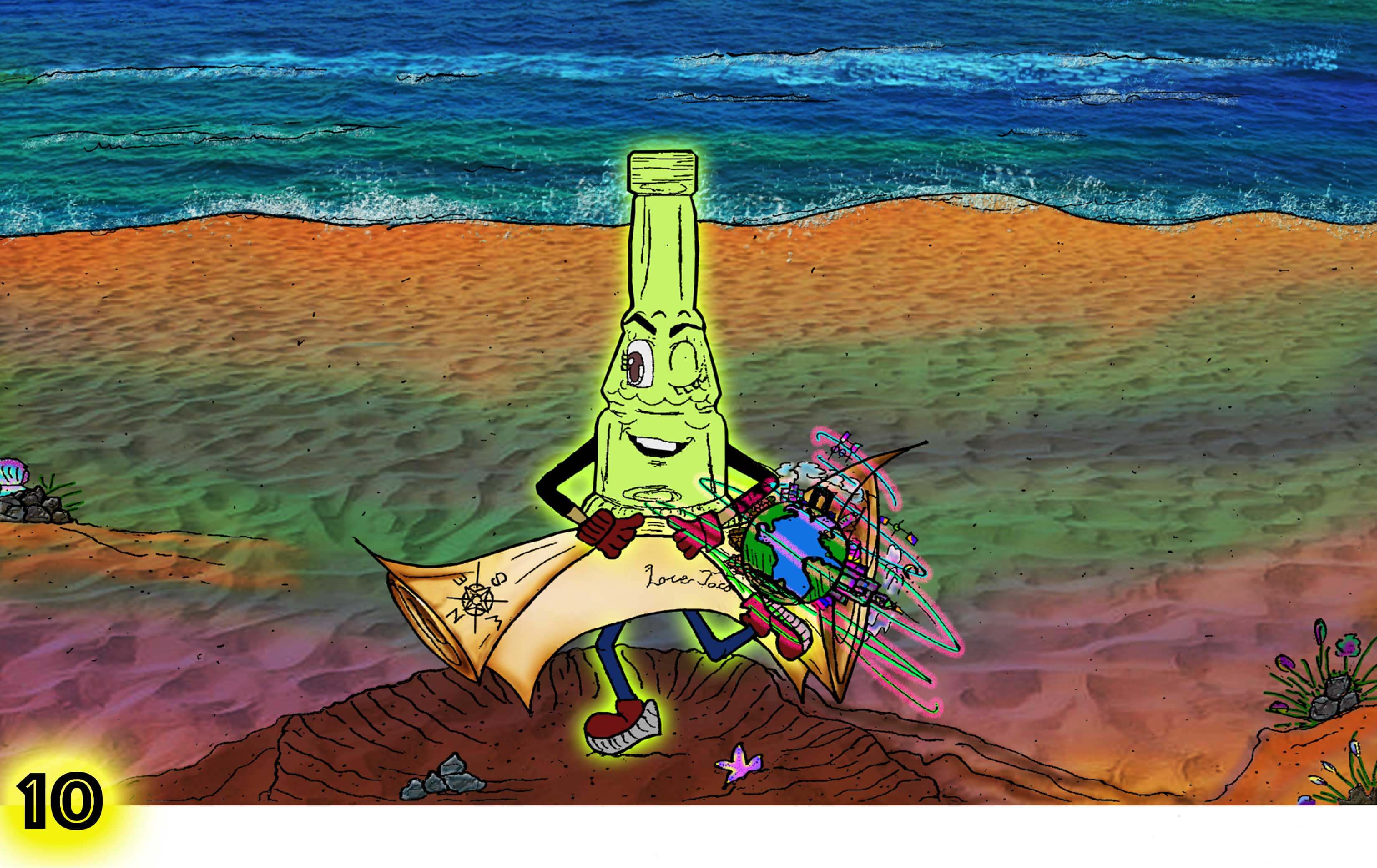 Intergalactic Messenger Tobias Frogga put Jacobs message in the bottle