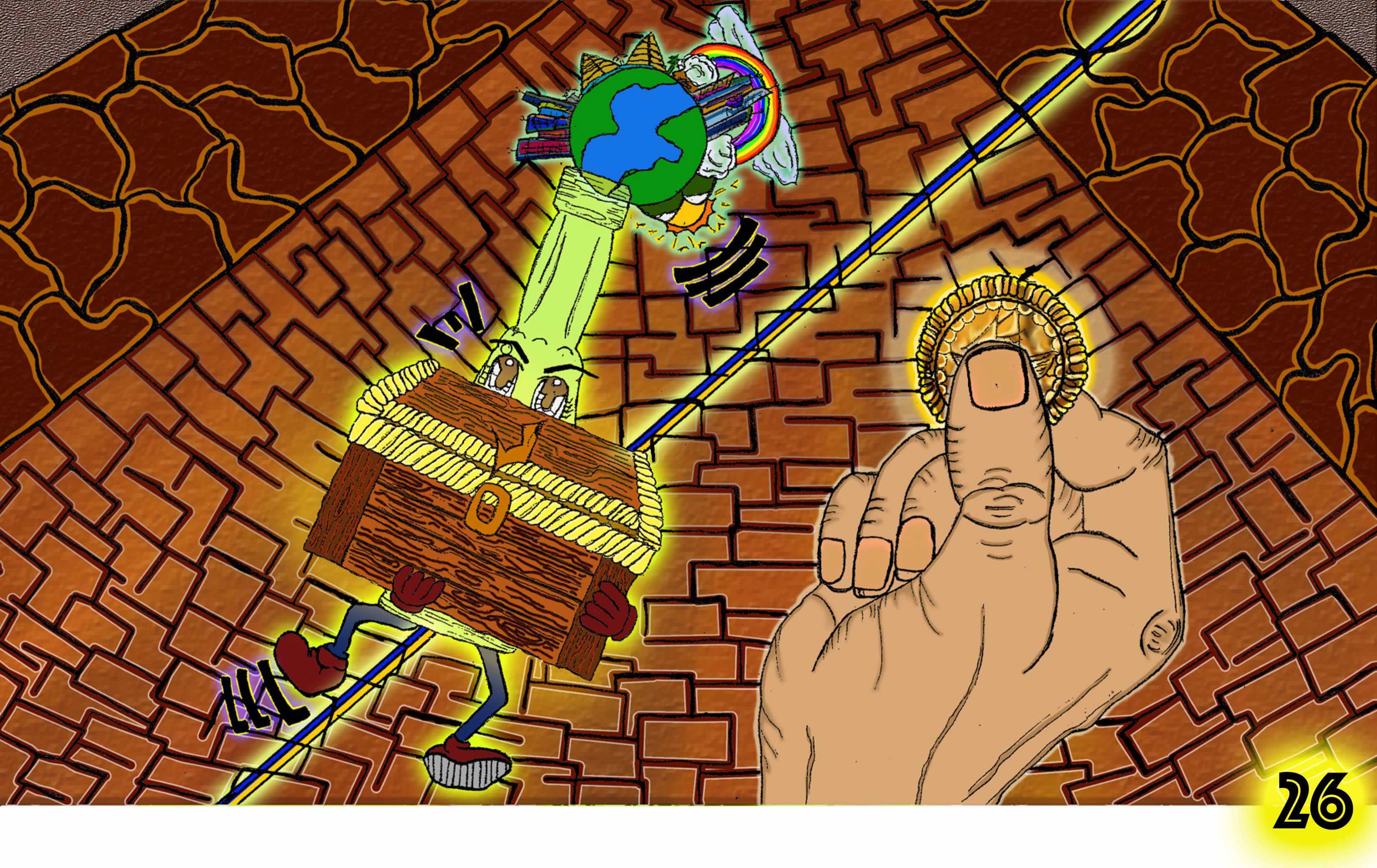 Tobias hands ben the treasure chest with the gold coin