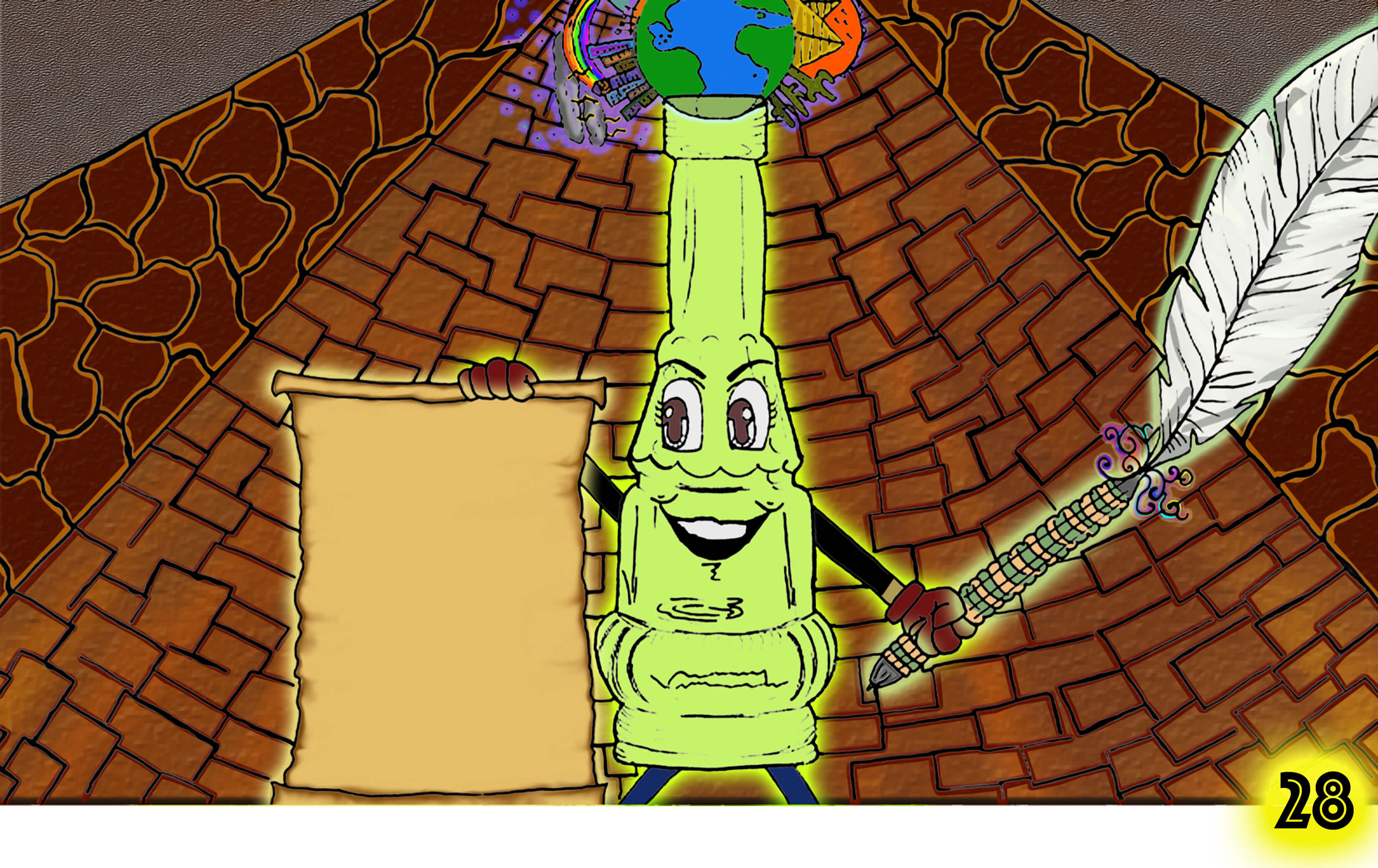 Intergalactic Messenger hands ben a scroll and featherpen so ben can write a message in a bottle